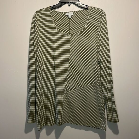 J. Jill- Tunic Top Cream & Green Striped Long Sleeve Basic Shirt- Size XL - Picture 1 of 6